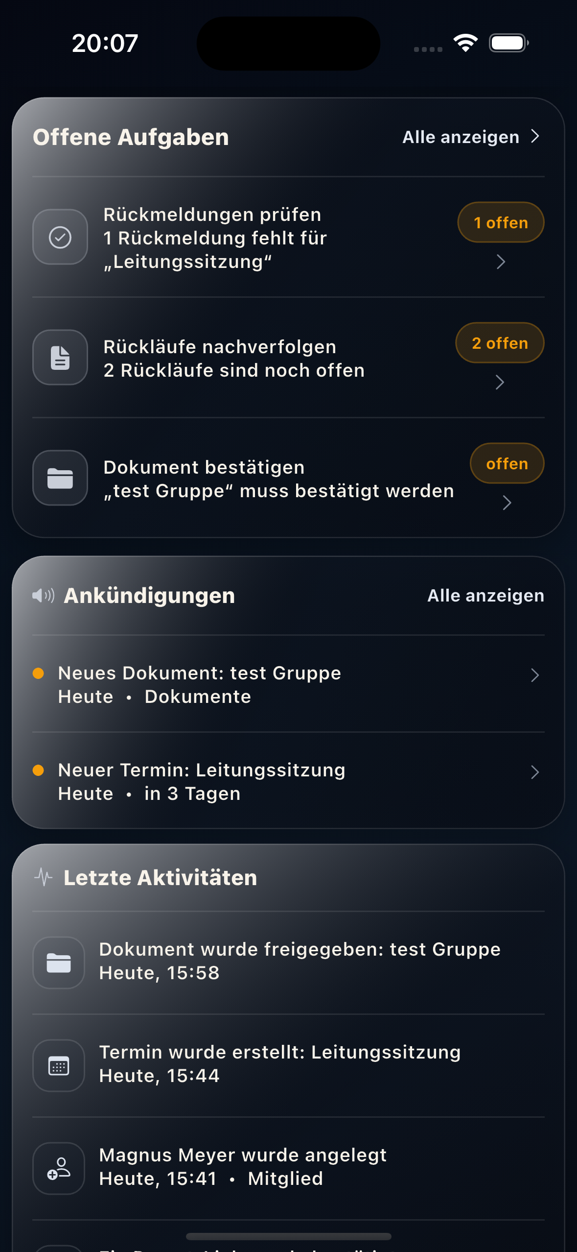 JuFlamm Dashboard mit offenen Aufgaben und Aktivitäten